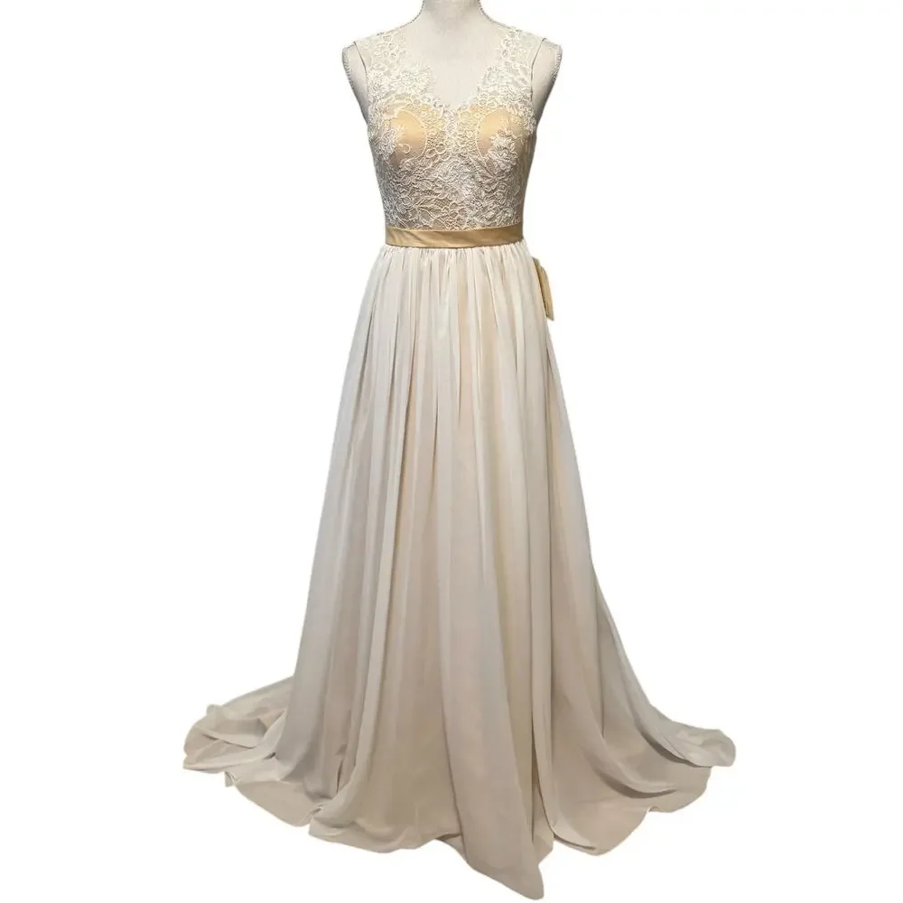 LanTing Lace Chiffon Bridal Gown Wedding Dress White with Champagne Lining  NWT 6